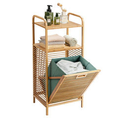 Tilt-out Bamboo Laundry Hamper with 2-Tier Shelf and Removable Liner