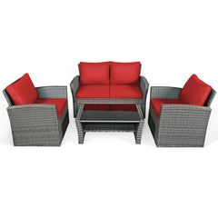 4 Pieces Patio Rattan Furniture Set Sofa Table with Storage Shelf Cushion