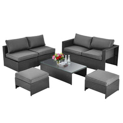 6 Pieces Patio Rattan Furniture Set with Glass Table and Cushioned Seat