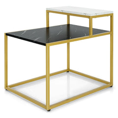 2-Tier Side Table with Metal Frame and Marble Finish Tabletop for Living Room