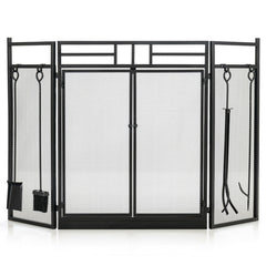 3-Panel Folding Wrought Iron Fireplace Screen with Doors and 4 Pieces Tools Set