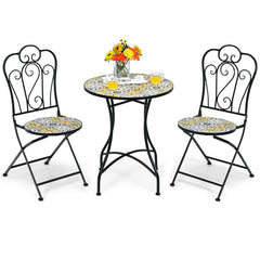 3 Pieces Patio Bistro Mosaic Design Set with Folding Chairs and Round Table