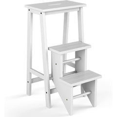 3-in-1 Rubber Wood 3 Tier Folding Step Stool Ladder Storage Shelf
