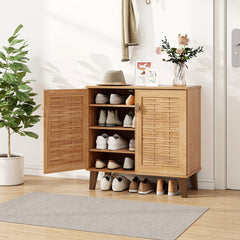 2-Door 4-Tier Shoe Cabinet Storage Organizer with Ventilated Woven Doors