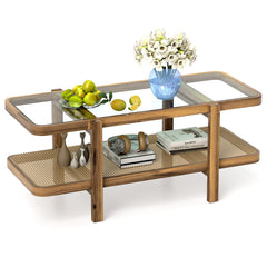2-Tier Coffee Table with Storage and Tempered Glass Tabletop