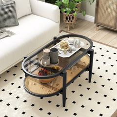 2-Tier Coffee Table with Tempered Glass Tabletop and Acacia Wood Frame