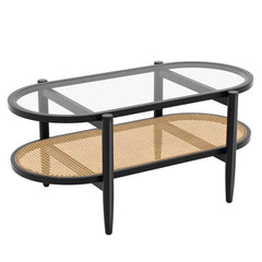 2-Tier Coffee Table with Tempered Glass Tabletop and Acacia Wood Frame