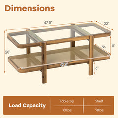 2-Tier Coffee Table with Storage and Tempered Glass Tabletop