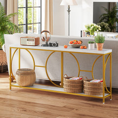 2-Tier Faux Marble Top Console Table with Storage Shelf