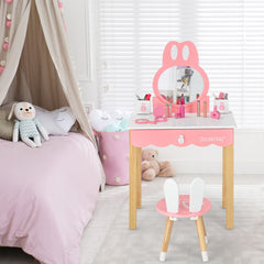 Kids Rabbit Vanity Table Chair Set with Mirror and Drawer