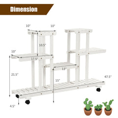 4-Tier Casters Rolling Flower Rack Wooden Plant Stand