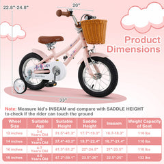 12/14/16/18 Inch Kids Bike Retro Bicycle with Adjustable Height and Basket for Ages 3-8 Years Old