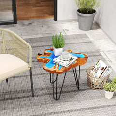 21 Inch Outdoor Epoxy Resin Teak Wood End Table with Irregular Tabletop