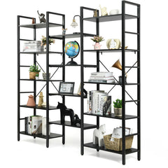 Vintage Industrial Style Triple Wide 5-Tier Bookcase with Metal Frame