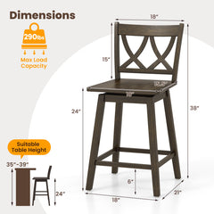 24/29 Inch Bar Stool Set of 2 Wooden Bar Chairs with Rubber Wood Frame