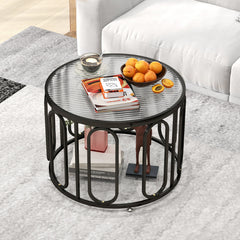 24 Inch Round Coffee Table with Reeded Tempered Glass Top and Oval Swivel Brackets