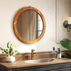27 Inch Round Wall Mirror with Solid Acacia Wood Frame
