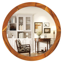 27 Inch Round Wall Mirror with Solid Acacia Wood Frame