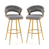 29 Inch Velvet Bar Stool Set of 2 with Woven Backrest and Gold Metal Legs