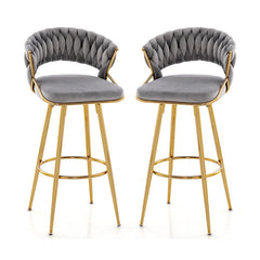 29 Inch Velvet Bar Stool Set of 2 with Woven Backrest and Gold Metal Legs