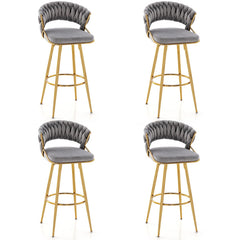 29 Inch Velvet Bar Stool Set of 2 with Woven Backrest and Gold Metal Legs