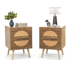 Set of 2 Rattan Nightstand with 2 Drawers and Solid Wood Legs