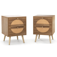 Set of 2 Rattan Nightstand with 2 Drawers and Solid Wood Legs