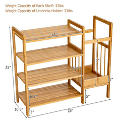 4-Tier Bamboo Shoe Rack Organiser with Umbrella Holder