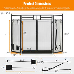 3-Panel Folding Wrought Iron Fireplace Screen with Doors and 4 Pieces Tools Set