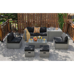 8 Pieces Patio Rattan Furniture Set with Storage Waterproof Cover and Cushion