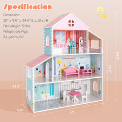 3-Tier Toddler Doll House with Furniture Gift for Age over 3