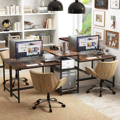 2-Person Computer Desk with Power Outlet and Printer Stand