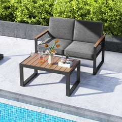 2 Piece Patio Aluminum Furniture Set with Wood-Plastic Armrests and Tabletop
