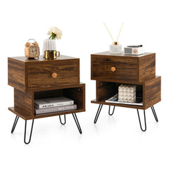 Set of 2 Irregular 2-Tier Wooden Nightstands with Elevated Metal Feet