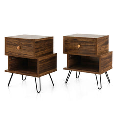 Set of 2 Irregular 2-Tier Wooden Nightstands with Elevated Metal Feet