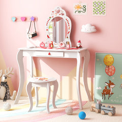 2 In 1 Kids Makeup Vanity Table Set with Removable Mirror and Stool