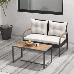 2 Pieces Patio PE Wicker Furniture Set with Acacia Wood Coffee Table