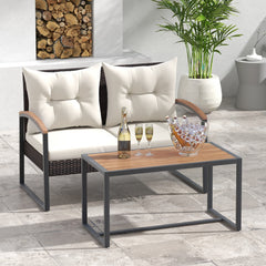 2 Pieces Patio PE Wicker Furniture Set with Acacia Wood Coffee Table