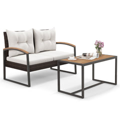 2 Pieces Patio PE Wicker Furniture Set with Acacia Wood Coffee Table