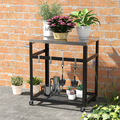 2-Tier Stainless Steel Grill Cart with 4 Hooks and Wheels BBQ Table