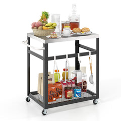 2-Tier Stainless Steel Grill Cart with 4 Hooks and Wheels BBQ Table