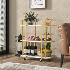 3-Tier Metal Kitchen Storage Serving Cart Trolley with Marble Tabletop and Handles