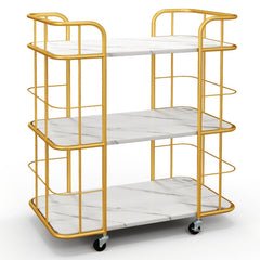 3-Tier Metal Kitchen Storage Serving Cart Trolley with Marble Tabletop and Handles