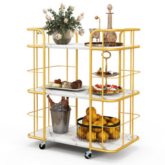 3-Tier Metal Kitchen Storage Serving Cart Trolley with Marble Tabletop and Handles