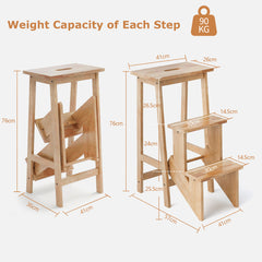 3-in-1 Rubber Wood 3 Tier Folding Step Stool Ladder Storage Shelf