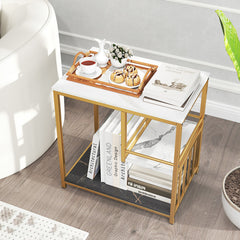 3-Tier Multi-function Marble End Table with Storage Shelf