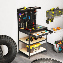 32 x 16 Inch Workbench Work Table with 2 PCs Pegboard Drawer and Shelves