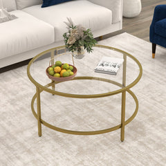 35.5 Inch Round Coffee Table with Tempered Glass Tabletop