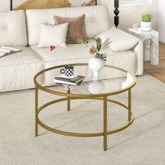 35.5 Inch Round Coffee Table with Tempered Glass Tabletop