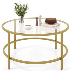 35.5 Inch Round Coffee Table with Tempered Glass Tabletop